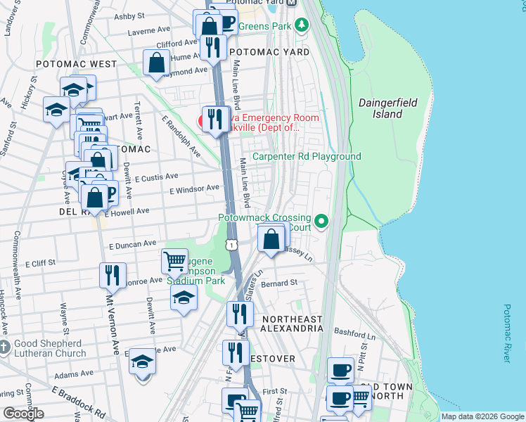 map of restaurants, bars, coffee shops, grocery stores, and more near 1912 Potomac Avenue in Alexandria