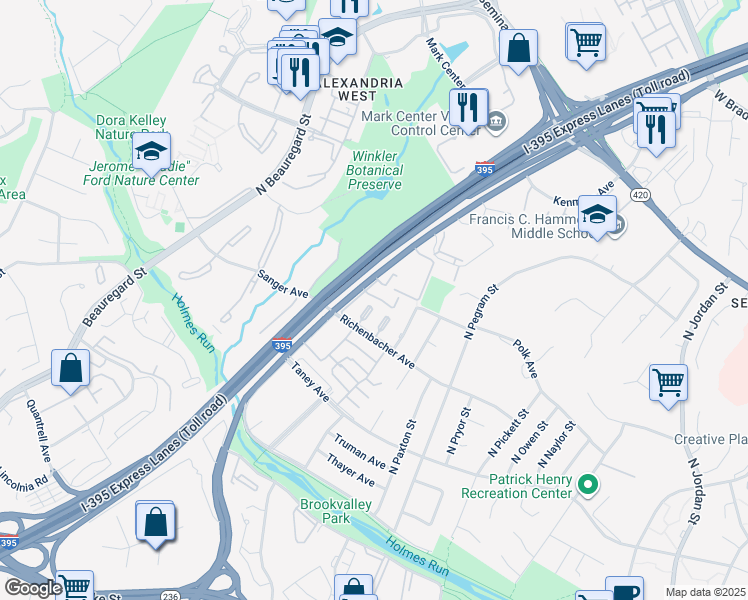 map of restaurants, bars, coffee shops, grocery stores, and more near 5416 Barrister Place in Alexandria