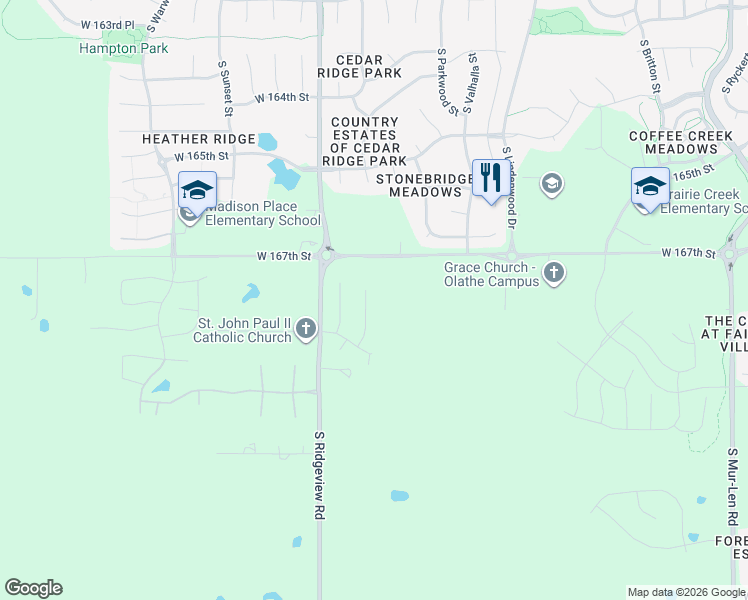 map of restaurants, bars, coffee shops, grocery stores, and more near 16585 South Ridgeview Road in Olathe