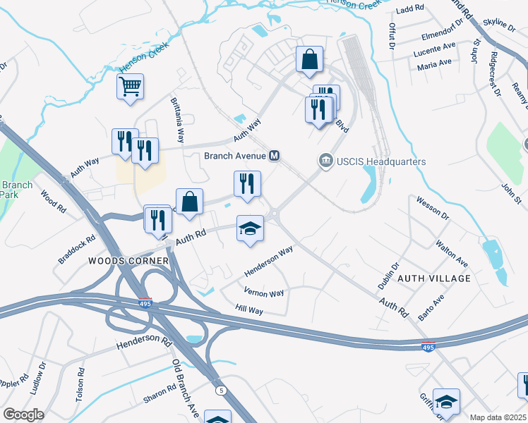 map of restaurants, bars, coffee shops, grocery stores, and more near 4703 Old Soper Road in Camp Springs