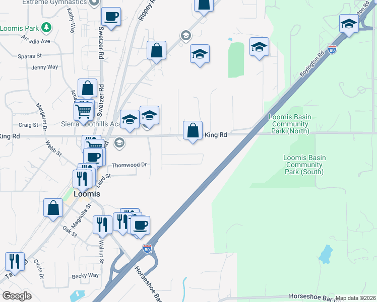 map of restaurants, bars, coffee shops, grocery stores, and more near 6338 King Road in Loomis