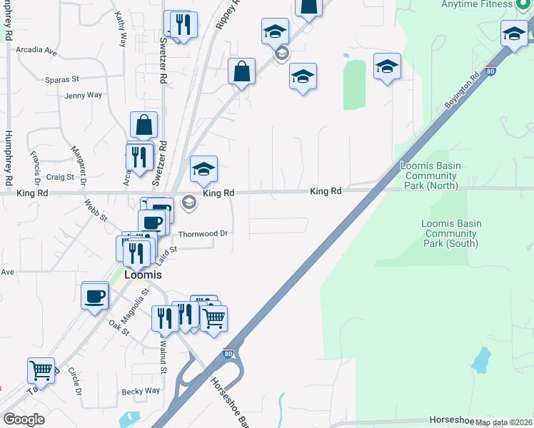 map of restaurants, bars, coffee shops, grocery stores, and more near 6321 Eldon Avenue in Loomis