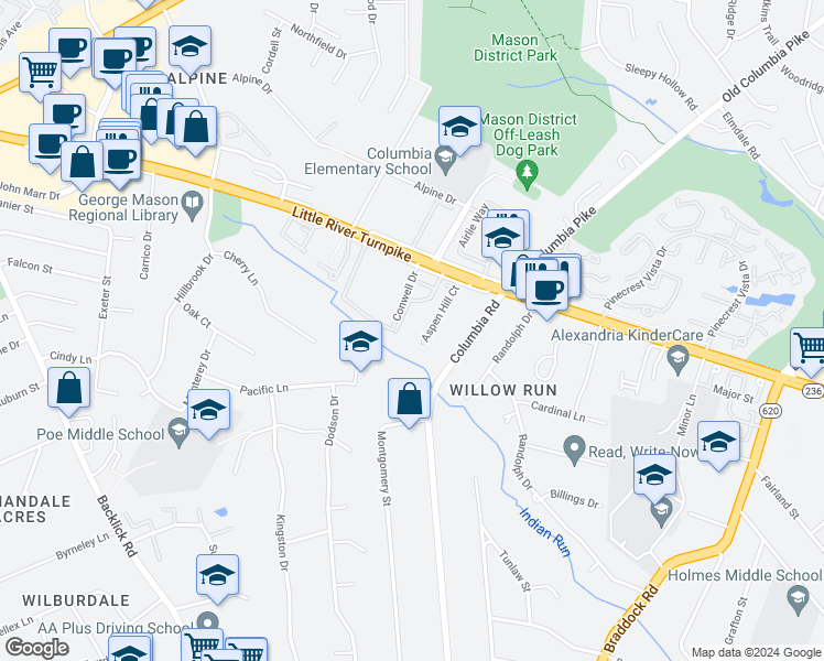map of restaurants, bars, coffee shops, grocery stores, and more near 4659 Brentleigh Court in Annandale