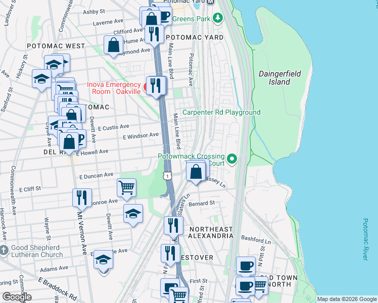 map of restaurants, bars, coffee shops, grocery stores, and more near 1912 Potomac Avenue in Alexandria