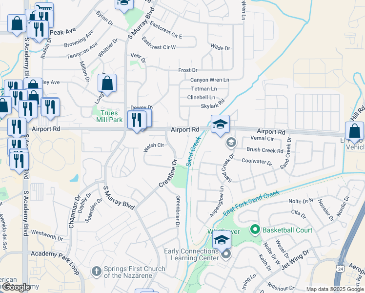 map of restaurants, bars, coffee shops, grocery stores, and more near 4980 Copper Springs View in Colorado Springs