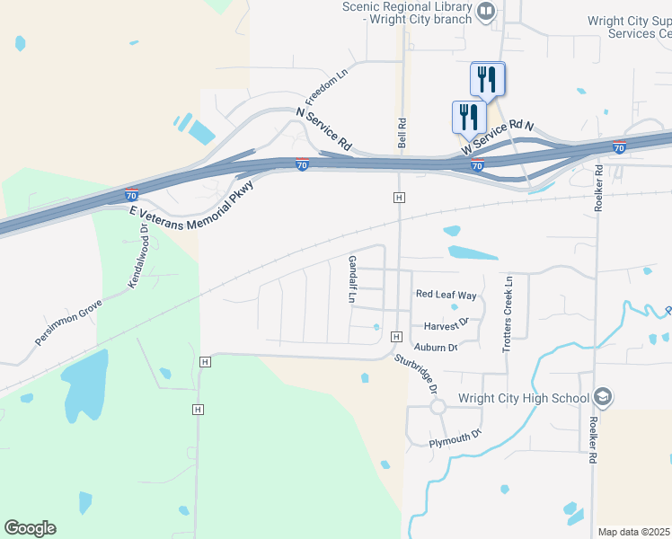 map of restaurants, bars, coffee shops, grocery stores, and more near 724 Aragorn Lane in Wright City