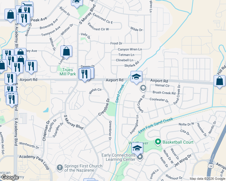 map of restaurants, bars, coffee shops, grocery stores, and more near 4980 Copper Springs View in Colorado Springs
