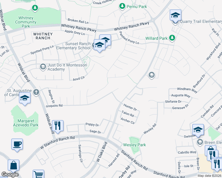 map of restaurants, bars, coffee shops, grocery stores, and more near 1722 Piute Street in Rocklin