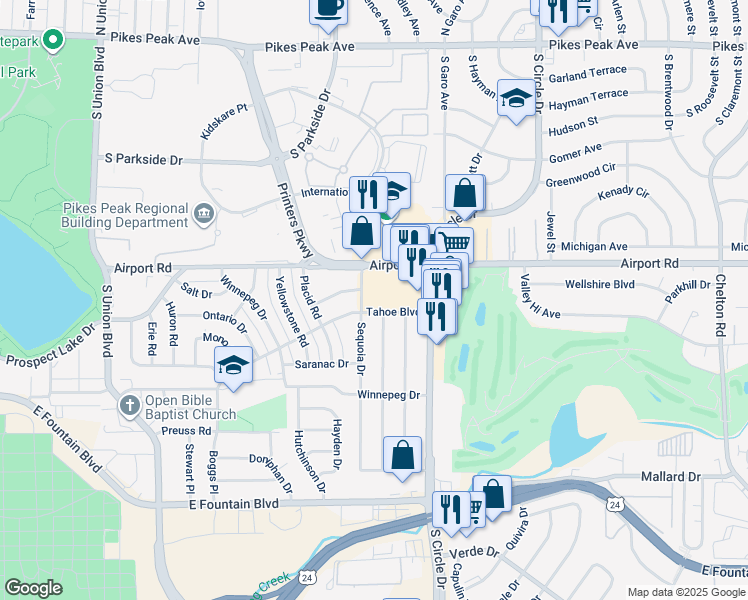 map of restaurants, bars, coffee shops, grocery stores, and more near 2573 Airport Road in Colorado Springs