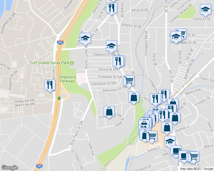 map of restaurants, bars, coffee shops, grocery stores, and more near 46 Galveston Place Southwest in Washington