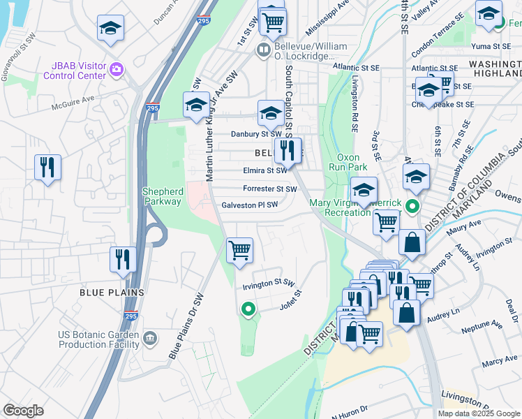 map of restaurants, bars, coffee shops, grocery stores, and more near 46 Galveston Place Southwest in Washington