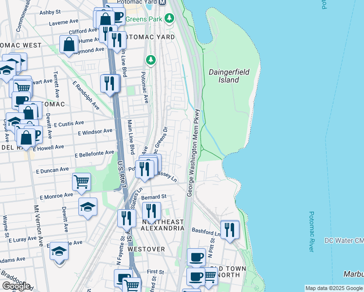 map of restaurants, bars, coffee shops, grocery stores, and more near 1712 West Abingdon Drive in Alexandria