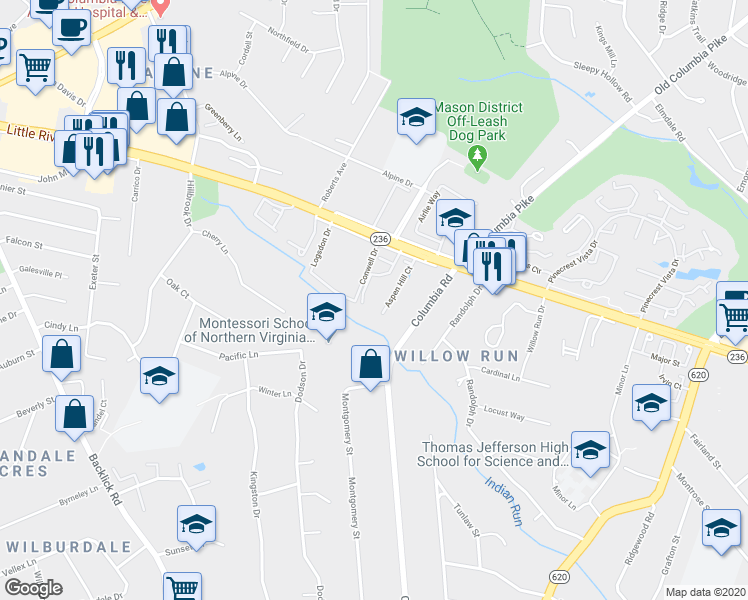map of restaurants, bars, coffee shops, grocery stores, and more near 4657 Brentleigh Court in Annandale