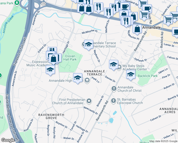 map of restaurants, bars, coffee shops, grocery stores, and more near 7604 Roanoke Avenue in Annandale