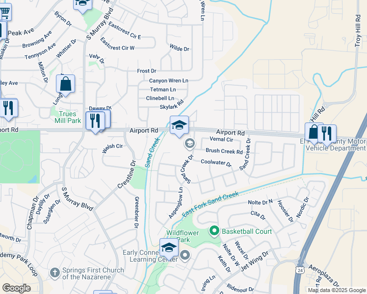 map of restaurants, bars, coffee shops, grocery stores, and more near 550 Sand Creek Drive in Colorado Springs
