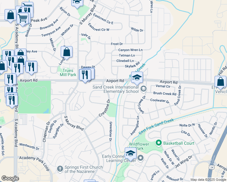 map of restaurants, bars, coffee shops, grocery stores, and more near 4981 Copper Springs View in Colorado Springs