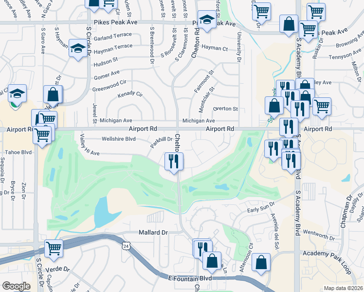 map of restaurants, bars, coffee shops, grocery stores, and more near 413 South Chelton Road in Colorado Springs