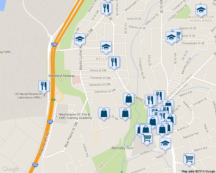 map of restaurants, bars, coffee shops, grocery stores, and more near 28 Galveston Place Southwest in Washington