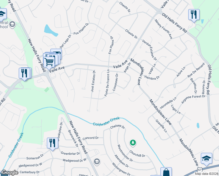 map of restaurants, bars, coffee shops, grocery stores, and more near 15415 Cousteau Drive in Florissant