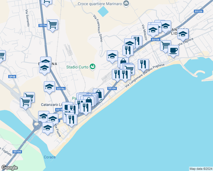 map of restaurants, bars, coffee shops, grocery stores, and more near 23 Vico I Viale Crotone in Catanzaro