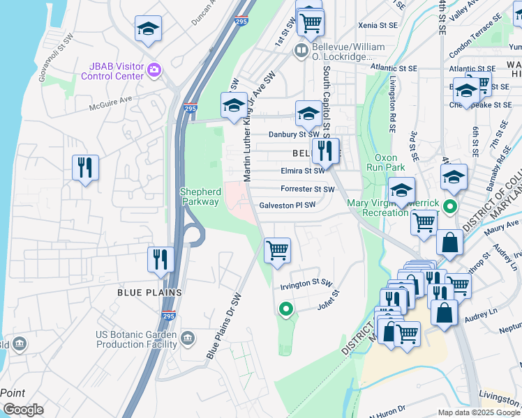 map of restaurants, bars, coffee shops, grocery stores, and more near 92 Galveston Place Southwest in Washington