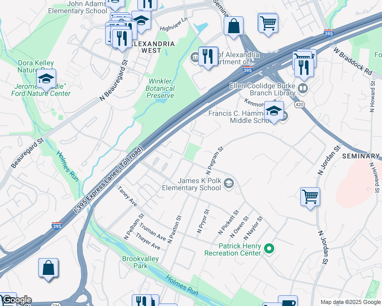 map of restaurants, bars, coffee shops, grocery stores, and more near 5325 Polk Avenue in Alexandria