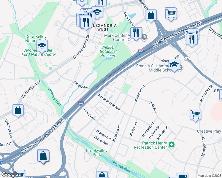 map of restaurants, bars, coffee shops, grocery stores, and more near 5417 Barrister Place in Alexandria
