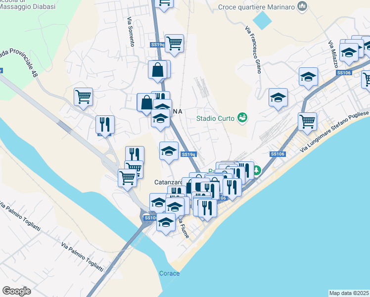 map of restaurants, bars, coffee shops, grocery stores, and more near Via Nazionale in Catanzaro