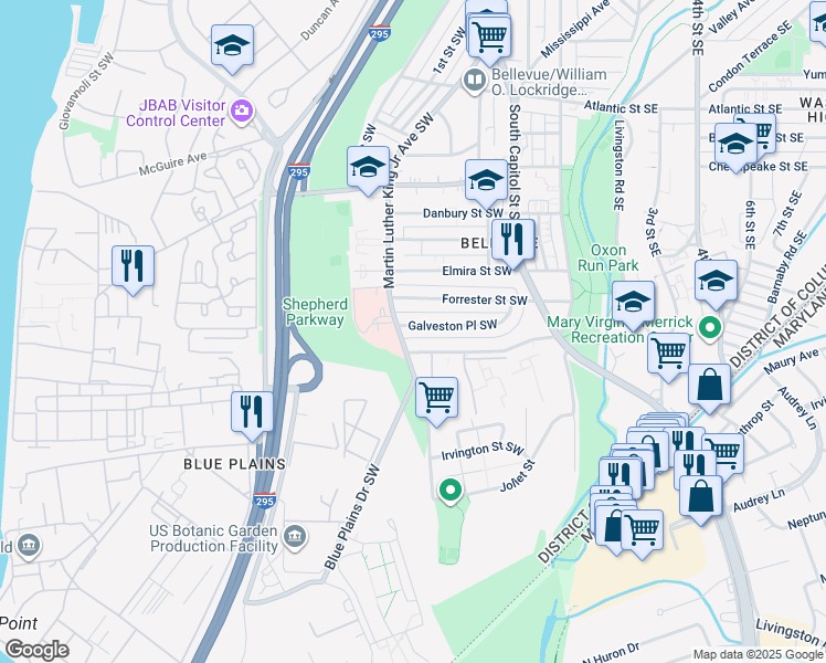 map of restaurants, bars, coffee shops, grocery stores, and more near 92 Galveston Place Southwest in Washington