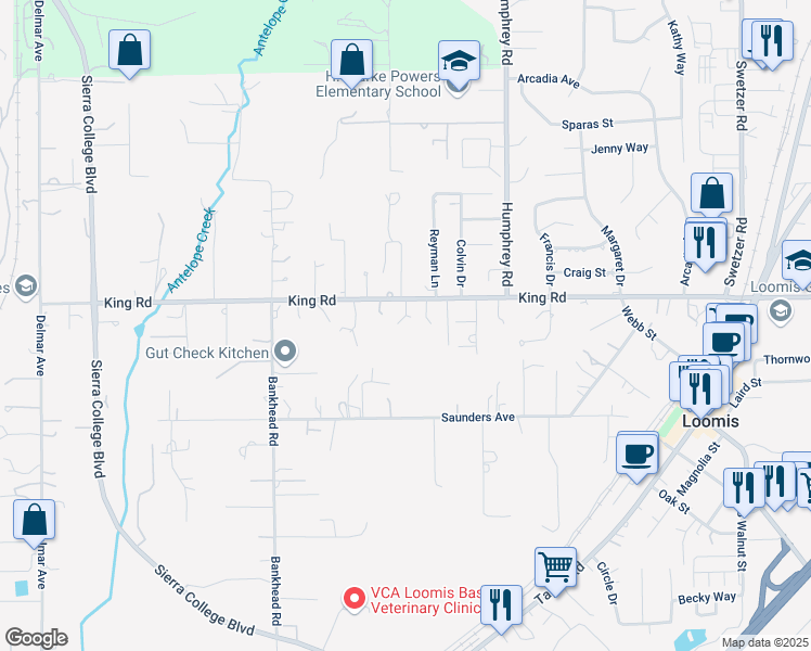 map of restaurants, bars, coffee shops, grocery stores, and more near 5360 King Road in Loomis