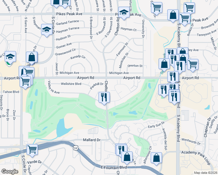 map of restaurants, bars, coffee shops, grocery stores, and more near 413 South Chelton Road in Colorado Springs