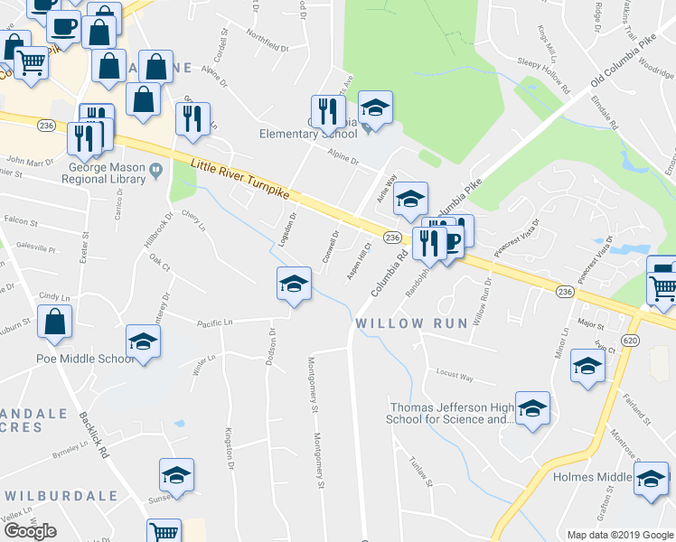 map of restaurants, bars, coffee shops, grocery stores, and more near 4655 Brentleigh Court in Annandale