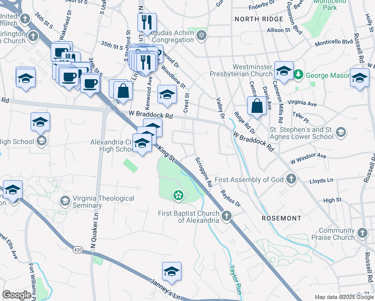 map of restaurants, bars, coffee shops, grocery stores, and more near 2103 Minor Street in Alexandria