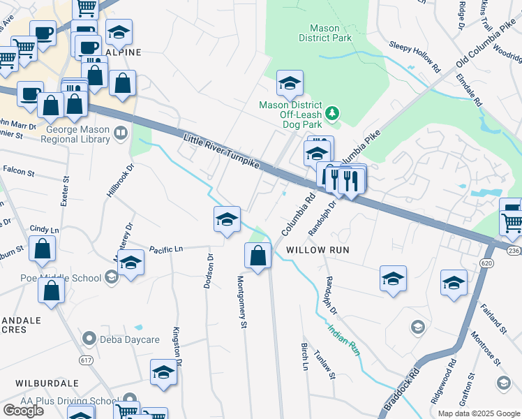 map of restaurants, bars, coffee shops, grocery stores, and more near 4655 Brentleigh Court in Annandale