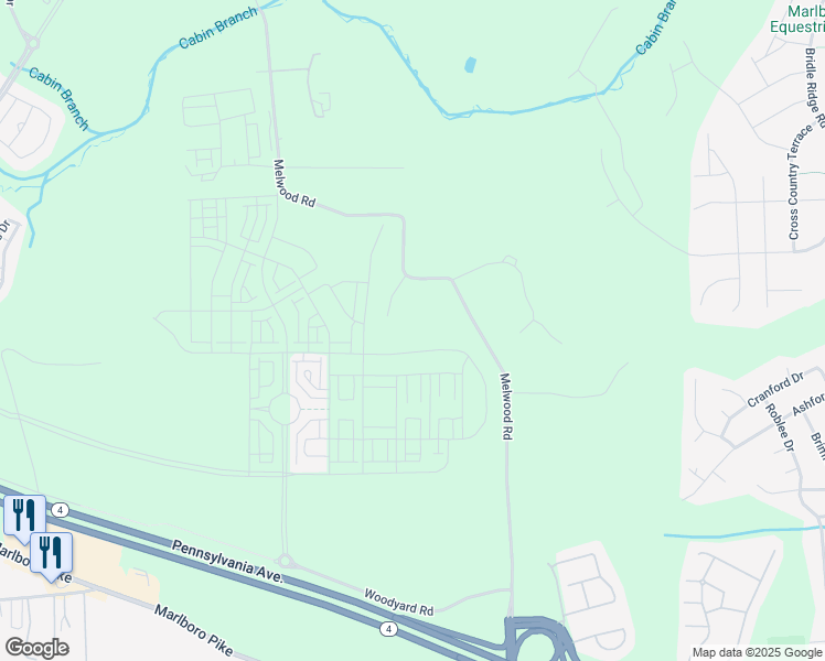 map of restaurants, bars, coffee shops, grocery stores, and more near 4607 Melwood Road in Upper Marlboro