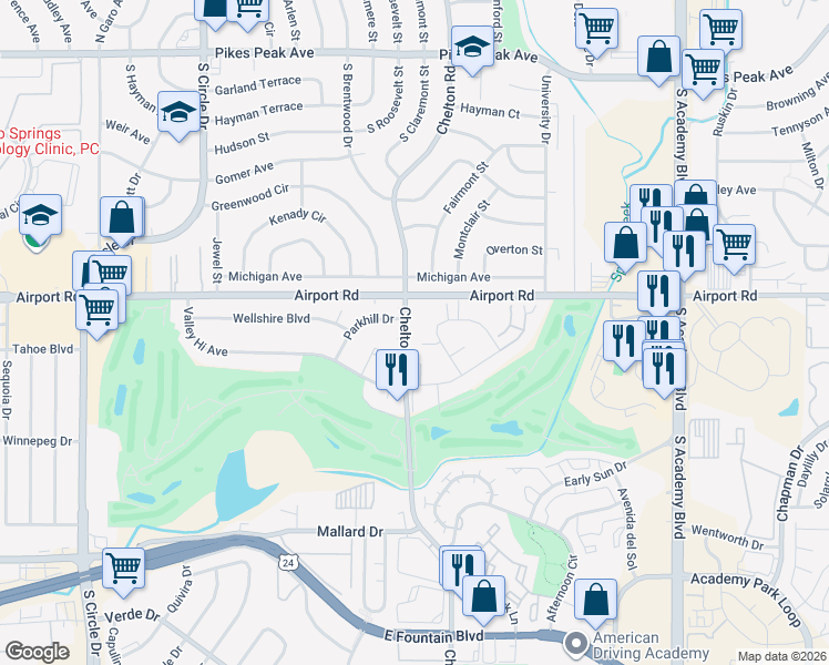 map of restaurants, bars, coffee shops, grocery stores, and more near 413 South Chelton Road in Colorado Springs