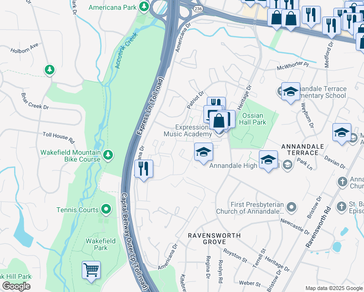 map of restaurants, bars, coffee shops, grocery stores, and more near 7908 John Adams Court in Annandale