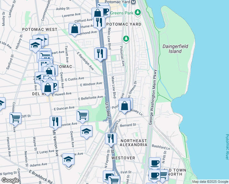 map of restaurants, bars, coffee shops, grocery stores, and more near Main Line Boulevard in Alexandria