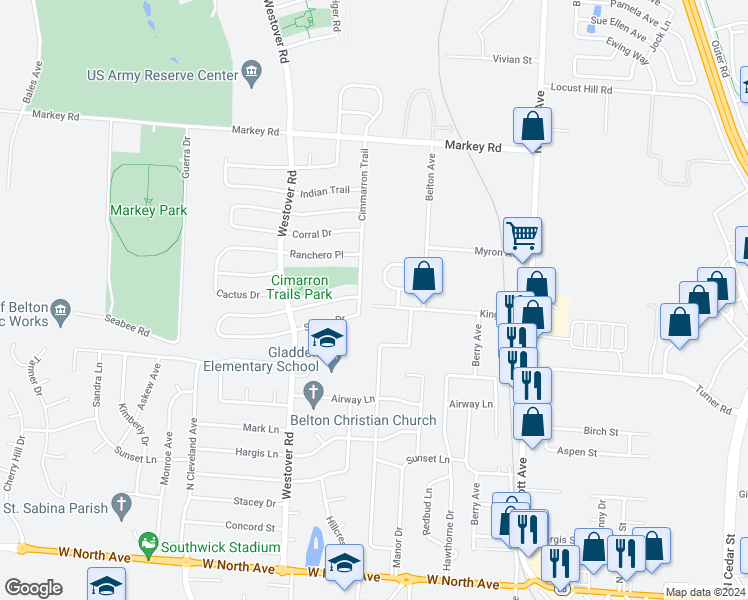 map of restaurants, bars, coffee shops, grocery stores, and more near 312 King Avenue in Belton