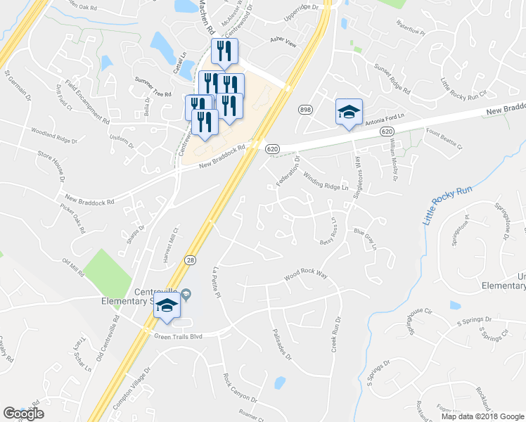 map of restaurants, bars, coffee shops, grocery stores, and more near 6352 Palmetto Place in Centreville