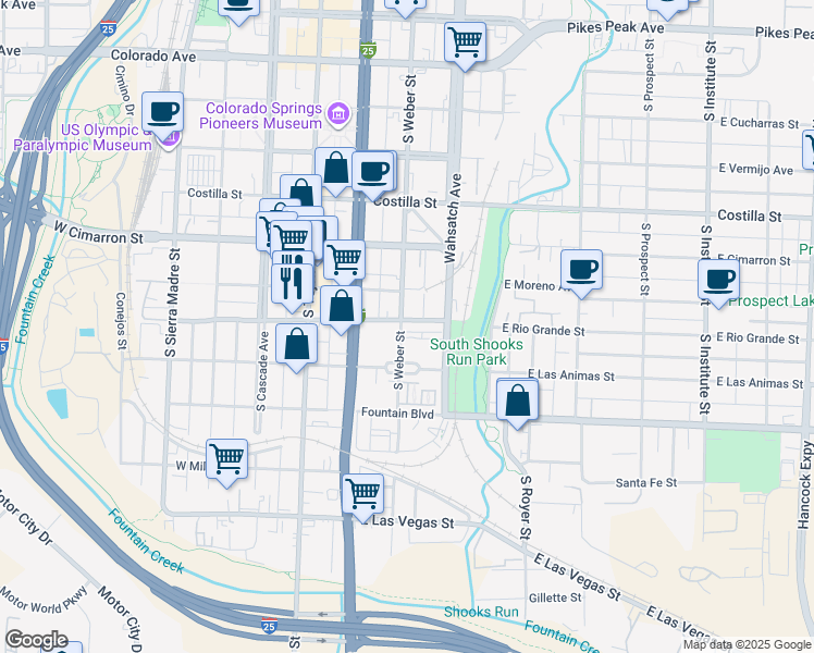 map of restaurants, bars, coffee shops, grocery stores, and more near 627 South Weber Street in Colorado Springs