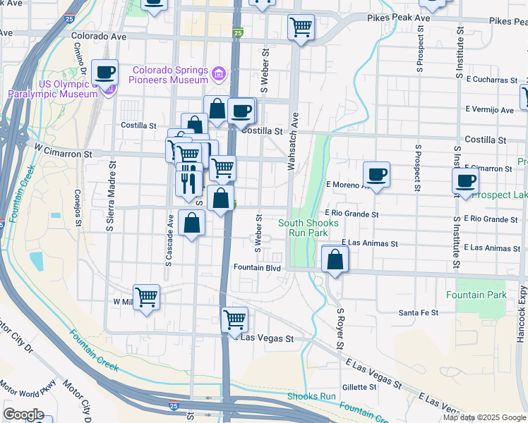 map of restaurants, bars, coffee shops, grocery stores, and more near 627 South Weber Street in Colorado Springs