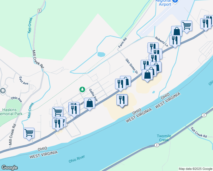 map of restaurants, bars, coffee shops, grocery stores, and more near 2121 Chestnut Street in Gallipolis