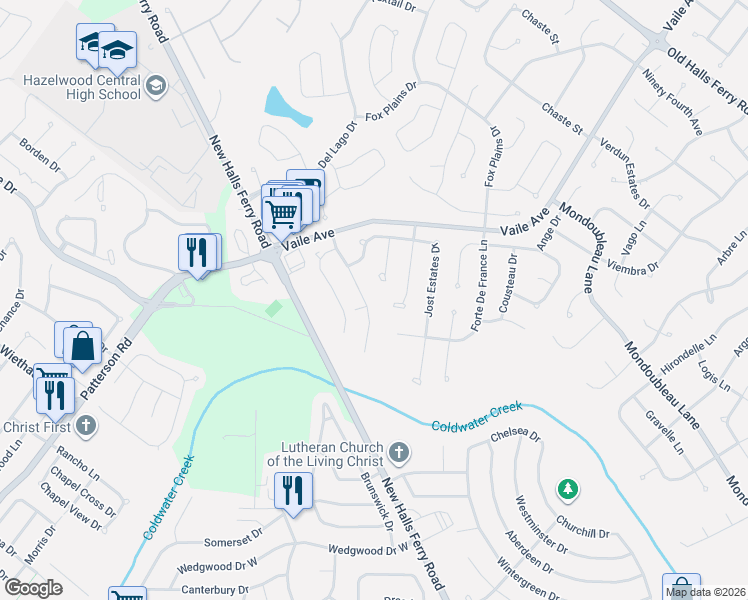 map of restaurants, bars, coffee shops, grocery stores, and more near 15463 Jost Main Street in Florissant