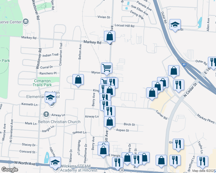 map of restaurants, bars, coffee shops, grocery stores, and more near 604 North Scott Avenue in Belton