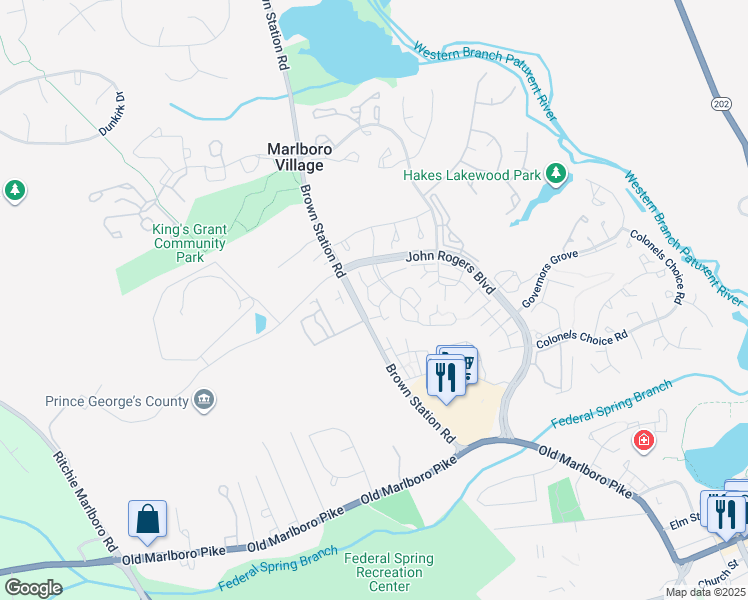 map of restaurants, bars, coffee shops, grocery stores, and more near 4936 King Patrick Way in Upper Marlboro