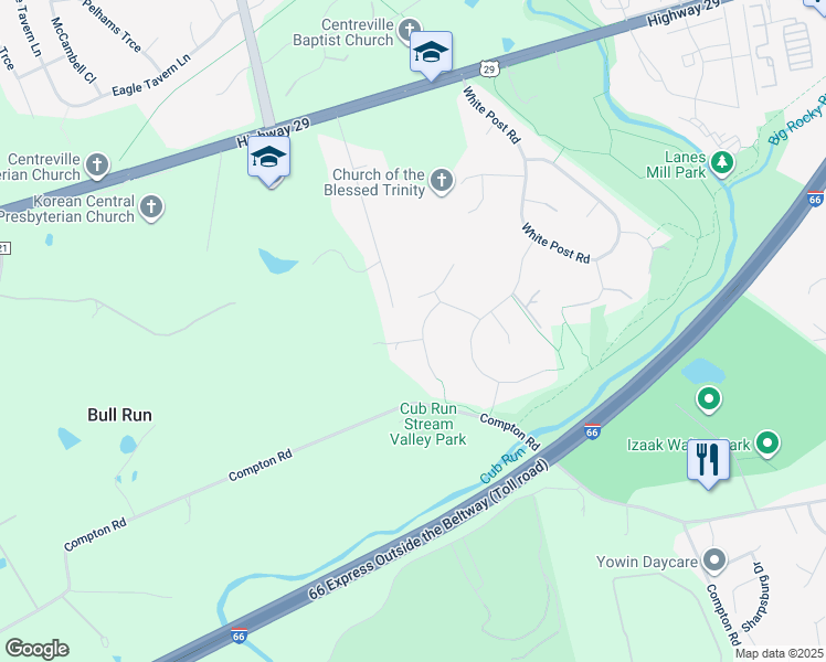 map of restaurants, bars, coffee shops, grocery stores, and more near 6754 Bronze Post Road in Centreville