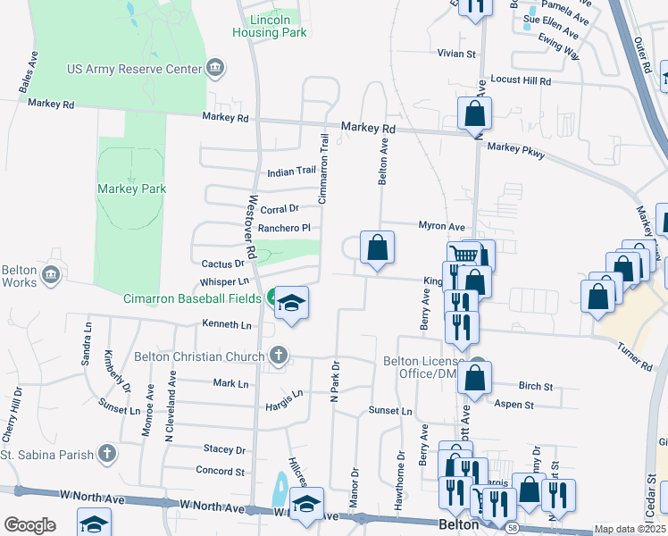 map of restaurants, bars, coffee shops, grocery stores, and more near 311 Chadwick Street in Belton