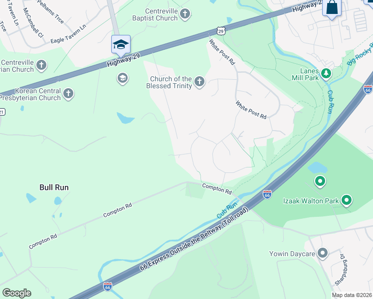 map of restaurants, bars, coffee shops, grocery stores, and more near 6754 Bronze Post Road in Centreville