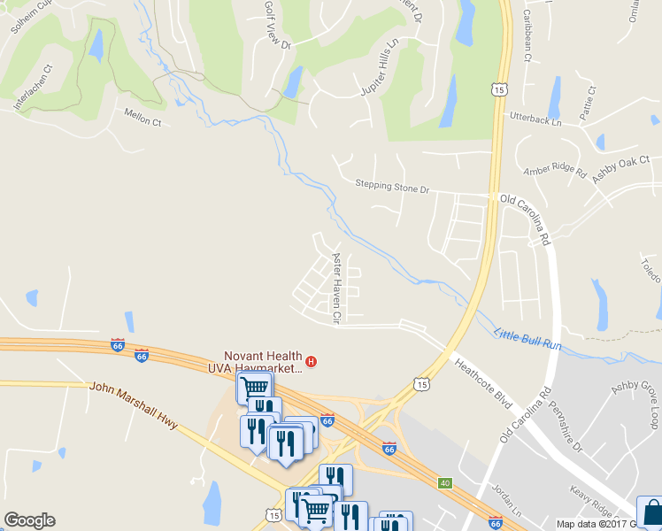 map of restaurants, bars, coffee shops, grocery stores, and more near 15202 Rosemont Manor Drive in Haymarket